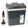 A dark gray electric cooler box with a white trim, shown with its accessories, a car charger and a standard European plug. Produktbild-Vorschau