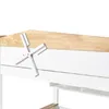 A close-up view of the top edge of a white and wood bunk bed, showing a decorative white element attached to the side. Náhľad obrázku produktu