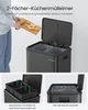 A person is shown discarding food scraps into a two-compartment kitchen trash can. The image also includes close-ups of the trash can's interior and lid. Produktbild-Vorschau