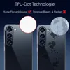 Comparison of a phone case with and without "TPU-Dot Technologie" showing the difference in clarity and potential for smudges. Voir les images du produit