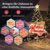 A decorated Christmas tree with lights and hexagonal displays of 'Happy Holidays' text in various colors. Podgląd zdjęcia produktu