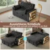 A split image showing a sofa in its sofa form and then transformed into a bed, with text overlay describing its functionality. Produktbild-Vorschau
