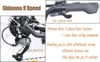 A collage showing a bicycle's rear derailleur and a handlebar gear shifter, with accompanying text describing the Shimano 9-speed gear system. Produktbild-Vorschau