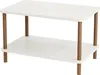 A white two-tiered coffee table with brown wooden legs, shown against a white background. Produktbild-Vorschau