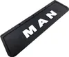A black mud flap with the white letters 'MAN' on it, shown at an angle against a white background. Produktbild-Vorschau