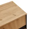 A close-up view of the corner of a wooden cabinet with a black trim. Voir les images du produit