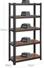 A black metal shelving unit with wooden shelves, shown with weight indicators on each shelf. Náhled obrázku produktu