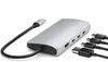 A silver Satechi USB-C Multiport Adapter with multiple cables connected. Produktbild-Vorschau