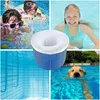 A collage of images showing children and a dog playing in a pool, an underwater view of a pool, and a pool skimmer basket with a sock. Produktbild-Vorschau