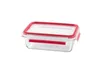 A clear, studio shot of a glass food storage container with a red lid and seal, isolated on a white background. Anteprima dell’immagine prodotto