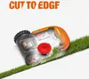 A robotic lawnmower is shown cutting grass along an edge, with text overlay indicating its cutting capability. Produktbild-Vorschau