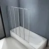 A foldable shower screen is installed over a white bathtub in a bathroom with blue, ribbed walls. Produktbild-Vorschau
