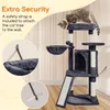 A cat tree with a cat on top, with inset images showing how to attach it to the wall for extra security. Produktbild-Vorschau