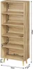 A wooden bookshelf with dimensions indicated by measurement lines and numbers. Produktbild-Vorschau
