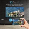 A TV is shown displaying a scenic view, with a smartphone in hand mirroring the same image, illustrating the Chromecast feature. Produktbild-Vorschau