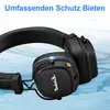 A pair of black Marshall headphones is shown against a light blue and white wavy background. Produktbild-Vorschau
