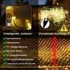 Collage of images showing LED net lights, their features, and a warning symbol. Náhled obrázku produktu
