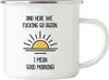Guten Morgen Emaille Tasse Spruch Sonnenaufgang Arbeit Büro Produktbild-Vorschau 1