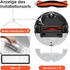 A collage of images showing various accessories for a robot vacuum cleaner, including brushes, filters, and mop pads, along with a diagram indicating installation locations. Produktbild-Vorschau