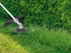 A string trimmer is shown cutting grass next to a hedge. Produktbild-Vorschau