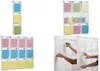Collage of images showing wall-mounted display pockets with colorful inserts and hands interacting with them. Produktbild-Vorschau