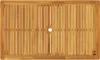 A top-down view of a wooden garden table with a hole in the center for an umbrella. Podgląd zdjęcia produktu