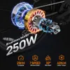 A close-up illustration of an electric bicycle motor with glowing energy effects, accompanied by text and icons detailing its features. Produktbild-Vorschau