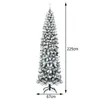 A tall, slender artificial Christmas tree with a flocked appearance, standing on a black metal stand. Dimensions are indicated with text. Produktbild-Vorschau