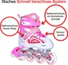 A pair of pink and white inline skates with labels pointing out different features. Produktbild-Vorschau