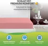 A pink fitted sheet is shown on a bed, with marketing text and icons at the bottom. Produktbild-Vorschau