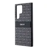 A close-up, angled view of a dark gray phone case with a repeating DKNY logo pattern. Voir les images du produit