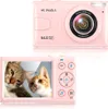 A pink digital camera shown from the front and back, displaying a picture of two cats on its screen. Produktbild-Vorschau