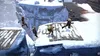 People running across a snowy, icy landscape with wooden platforms. Náhled obrázku produktu