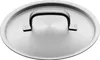 A stainless steel pot lid with a black handle is shown from a top-down perspective against a white background. Náhled obrázku produktu