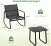Diagram showing the dimensions and weight capacity of a patio furniture set, including a rocking chair and a side table. Podgląd zdjęcia produktu