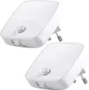 Two white LED night lights with motion sensors plugged into an outlet. Produktbild-Vorschau