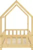 A wooden bed frame with a house-like roof structure, shown from the side against a white background. Produktbild-Vorschau