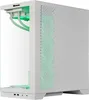 A white gaming PC with green internal lighting, shown from a side-angle. Produktbild-Vorschau