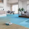 A robot vacuum cleaner is shown cleaning a modern living and dining room area, with blue grid lines indicating its cleaning path. Anteprima dell’immagine prodotto