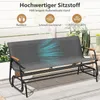 A three-seater garden glider bench with a dark gray fabric seat and black metal frame, shown outdoors on a patio with some plants in the background. Text overlays highlight the fabric's features. Produktbild-Vorschau