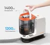 A hand is holding the handle of a portable cleaning device, with text indicating its water tank capacities. Náhled obrázku produktu