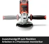 An angle grinder with a battery pack attached, shown against a white background. The auxiliary handle is shown in two positions, one transparently faded out. Produktbild-Vorschau