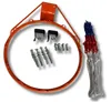 A basketball hoop rim, net, and mounting hardware are laid out on a white background. Produktbild-Vorschau
