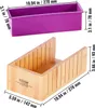 A top-down view of a purple silicone soap mold and a wooden soap cutter with dimensions indicated. Náhled obrázku produktu