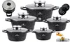A set of five black speckled pots with glass lids and silver handles, arranged on a white background. Accessories like a pot lid and a small glass of oil are also visible. Náhľad obrázku produktu