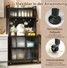 A multi-tiered kitchen storage unit with clear doors is shown, with accompanying diagrams highlighting adjustable feet and caster wheels. Produktbild-Vorschau