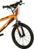 Close-up of the front of an orange bicycle, focusing on the handlebars, front fork, and wheel. Voir les images du produit