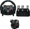 A product shot of a gaming steering wheel, pedals, and gear shifter on a white background. Produktbild-Vorschau