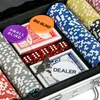 A close-up view of a poker chip set inside a case, showing poker chips, dice, cards, and dealer buttons. Náhled obrázku produktu