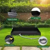 A black foldable shower tray is set up on a green lawn, with close-up insets highlighting its features and accessories. Produktbild-Vorschau